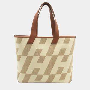 Hermes Brown Beige Canvas Leather Toile H Ambie GM Tote Bag