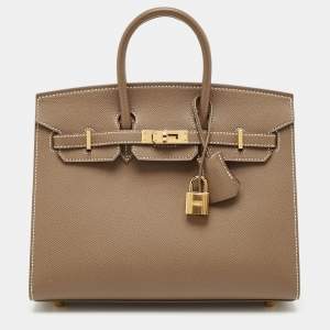 Hermes Etoupe Epsom Leather Gold Finish Birkin Sellier 25 Bag
