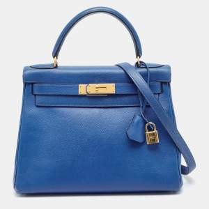 Pre Owned Hermes Bleu Courchevel Leather Gold Finish Kelly Retourne 28 Bag
