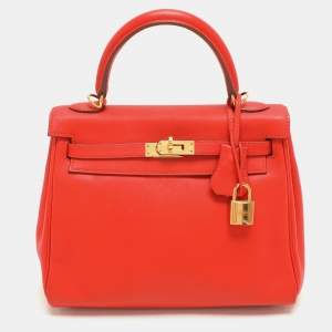 Hermes Capucine Swift Leather Gold Plated Kelly Retourne 25 Bag