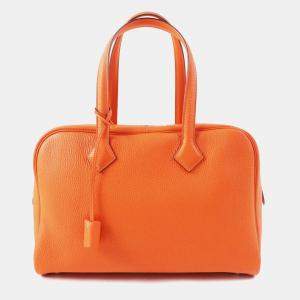 Hermes Orange Leather Victoria 35 Clemence Boston Bag