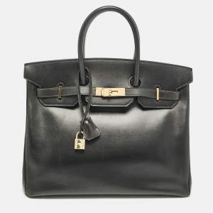 Hermes Noir Box Leather Gold Finish Birkin 35 Bag