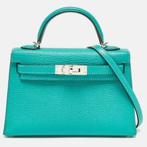 Hermes Vert Verone/Bleu Zanzibar Chevre Leather Palladium Finish Mini Kelly II Sellier 20 Bag