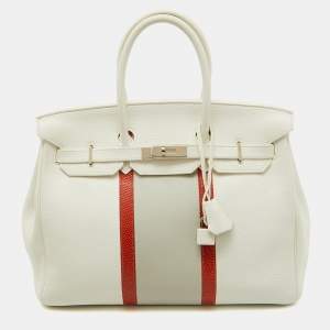 Hermes Blanc/Gris Perle/Sanguine Taurillon Clemence Leather Lizard Club Palladium Finish Birkin 35 Bag