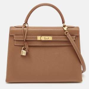 Pre Owned Hermes Gold Courchevel Leather Gold Finish Kelly Sellier 32 Bag