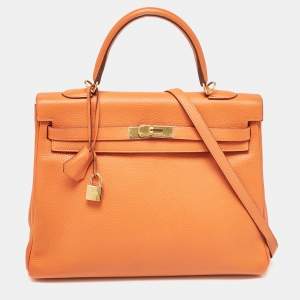 Hermes Orange Taurillon Clemence Leather Gold Finish Kelly Retourne 35 Bag