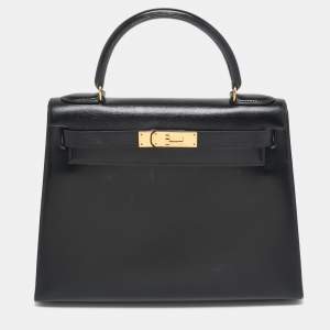Hermes Noir Box Leather Gold Finish Kelly Sellier 28 Bag