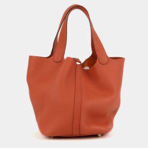 Hermes Size 22 Terre Battue Color Leather Gold Picotin Tote Bag