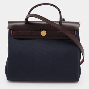 Pre Owned Hermès Navy Blue/Brown Toile Canvas and Leather Herbag Zip 31 Bag