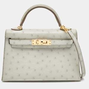 Hermès Gris Perle Ostrich Gold Finish Mini Kelly II Sellier 20 Bag