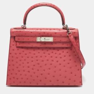 Pre Owned Hermes Bougainvillier Ostrich Palladium Finish Kelly Sellier 28 Bag