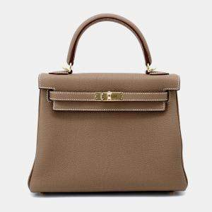 Hermes Etoupe Togo Leather 25 Kelly Top Handle Bag