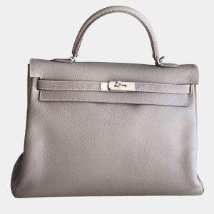 Hermes Etoupe,Blue Epsom Leather Kelly 35 Top Handle Bag