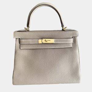 Hermes Etoupe Togo Leather Kelly 28 Top Handle Bag
