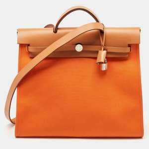 Hermès Orange/Natural Toile and Vache Hunter Herbag Zip 39 Bag