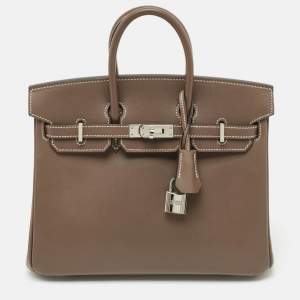Hermes Etoupe Tadelakt Leather Palladium Finish Birkin 25 Bag