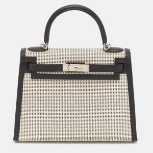 Hermes Noir/Ecru/Blanc Toile Quadrille and Swift Leather Palladium Finish Kelly Sellier 28 Bag