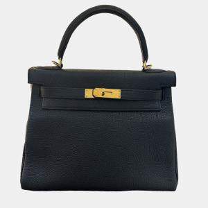 Hermes Black Clemence Leather Kelly 28 Top Handle Bag