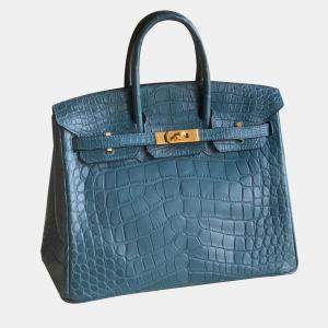 Hermes Duck Blue Matte Crocodile Leather Birkin 25 Top Handle Bag