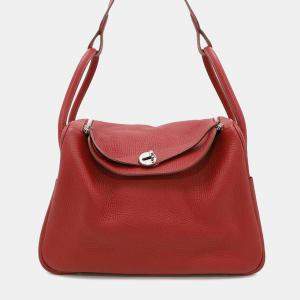 Hermes Rouge Casaque Taurillon Clemence Leather Lindy 34 Shoulder Bag