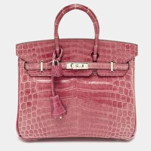 Hermes Rose Scheherazade Shiny Niloticus Crocodile Palladium Finish Birkin 25 Bag