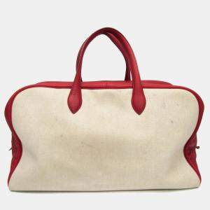 Hermes Victoria 50 Toile H Taurillon Clemence Leather Boston Bag Natural Red Color