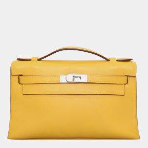 Hermes Jaune d'Or Swift Calfskin Leather Kelly Pochette Clutch Bag