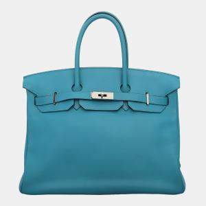 Pre Owned Hermes Turquoise Swift Calfskin Birkin 35 Top Handle Bag