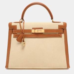 Hermes Natural Barenia Leather and Toile Canvas Gold Hardware Kelly Sellier 32 Bag