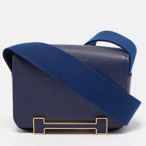 Pre Owned Hermes Bleu Navy Chevre Mysore Leather Gold Finish Geta Bag