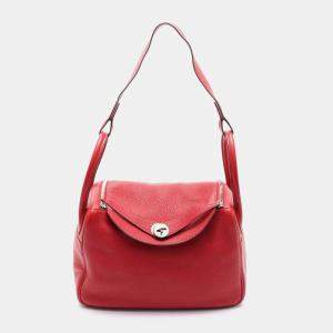 Hermes Vermillion Taurillon Clemence Leather Lindy 30 Shoulder Bag