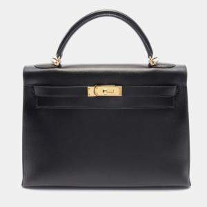 Hermes Black Box Calf Leather Kelly 32 Handbag