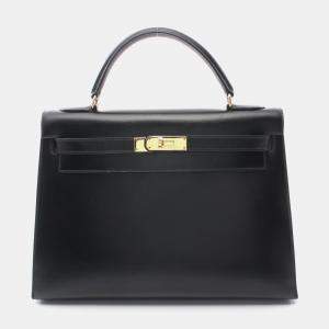 Hermes Black Box Calf Leather Kelly 32 Handbag