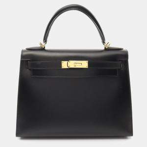 Hermes Black Box Calf Leather Kelly 28 Handbag