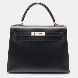 Hermes Black Box Calf Leather Kelly 28 Handbag