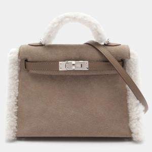 Hermes Brown/Grey Mouton Leather Mini Kelly Teddy Shoulder Bag