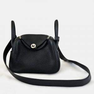 Hermes Noir Taurillon Clemence Leather Palladium Finish Mini Lindy