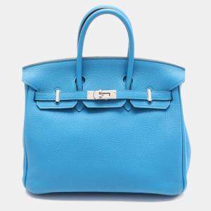 Hermes Blue Zanzibar Togo Leather Birkin 25 Top Handle Bag