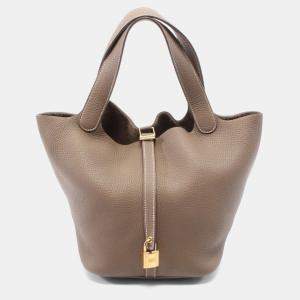 Hermes Etoupe Taurillon Clemence Leather Picotin Lock 22 Bucket Bag