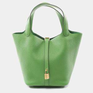 Hermes Vert Yucca Taurillon Clemence Leather Picotin Lock 22 Bucket Bag