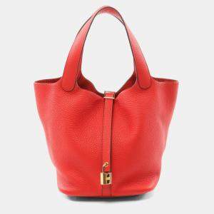 Hermes Rouge Tomate Taurillon Clemence Leather Picotin Lock 22 Bucket Bag