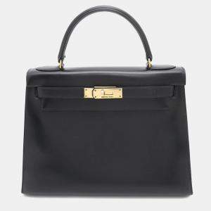 Hermes Black Calf Leather Box Gold Hardware Kelly 28 Top Handle Bag