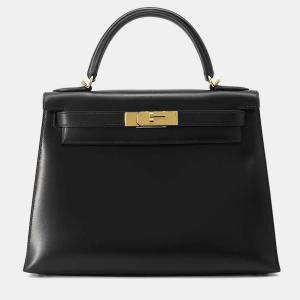 Hermes Black Calf Leather Box Kelly 28 Top Handle Bag