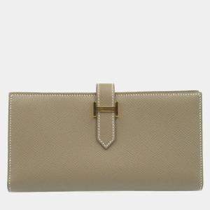 Hermes Brown Etoupe Grey Epsom Leather Bearn Soufflet Bi-Fold Long Wallet