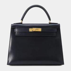 Hermes Blue Indigo Box Calf Leather Kelly Sellier 28 Top Handle Bag