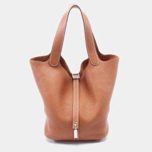 Hermes Brown C Shw Clemence Leather Picotin Lock MM Handbag  