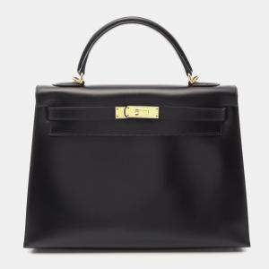 Hermes Black Box Calf Leather Kelly 32 Handbag