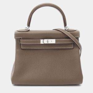 Hermes Etoupe Taurillon Clemence Leather Kelly 28 Handbag