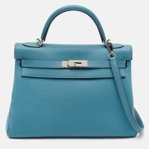 Hermes Bleu Jean Togo Leather Palladium Finish Kelly Retourne 32 Bag
