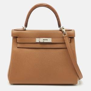 Hermès Gold Matte Alligator and Togo Leather Palladium Finish Kelly Retourne Touch 28 Bag